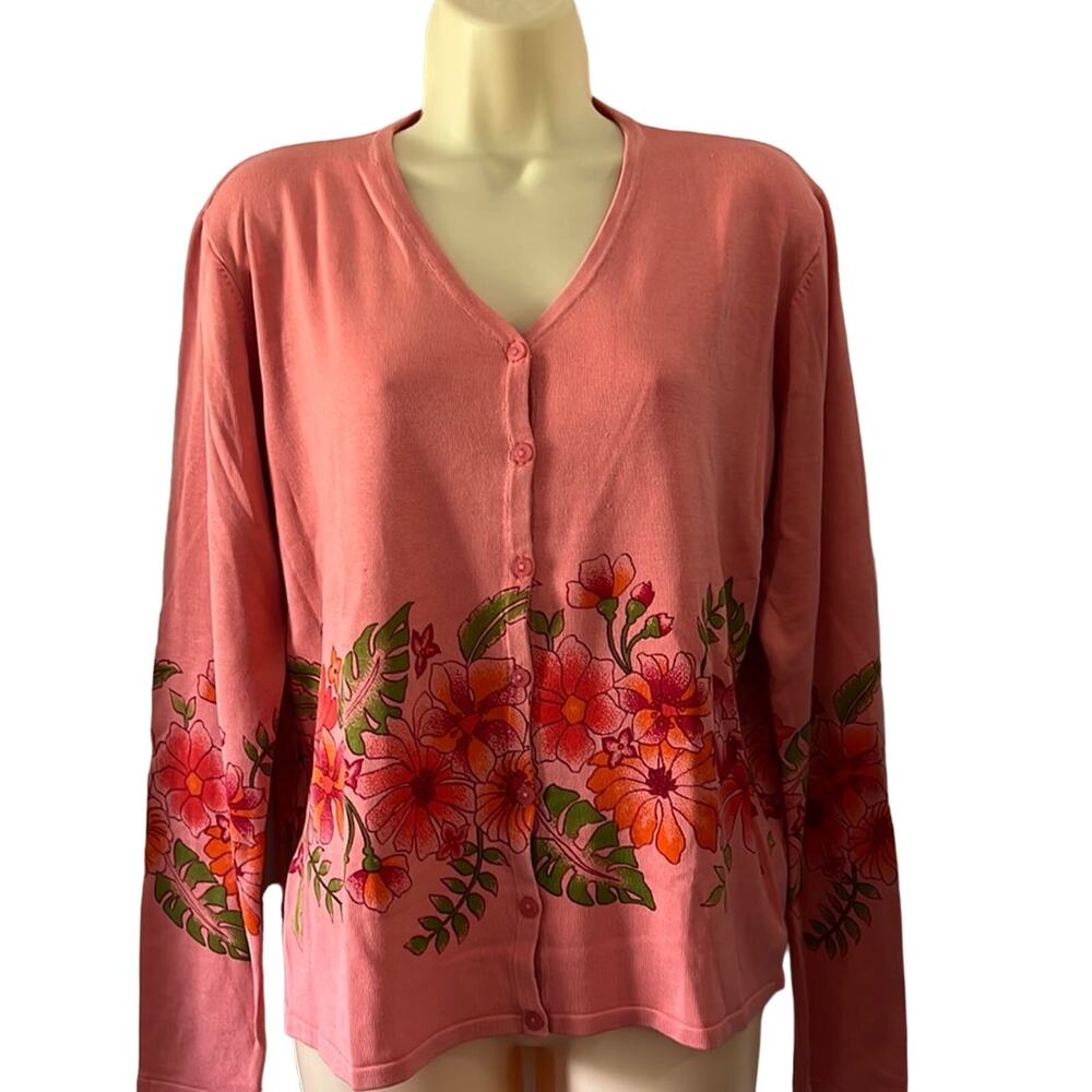 Mercer & Madison Peachy Pink Floral Print Cardigan Sweater Woman Size Medium